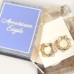 American Eagle Hoops Pearl Studded Earrings Post Gold Tone Hoop